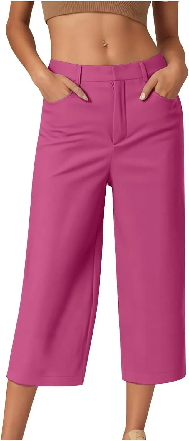 Twill Capri Pants for Women Casual Oversized Dress Pants High Waist Straight Leg Capris Dressy Office Cropped Trousers
