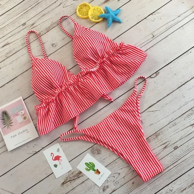 Two Pieces Ruffled Striped Swimsuit