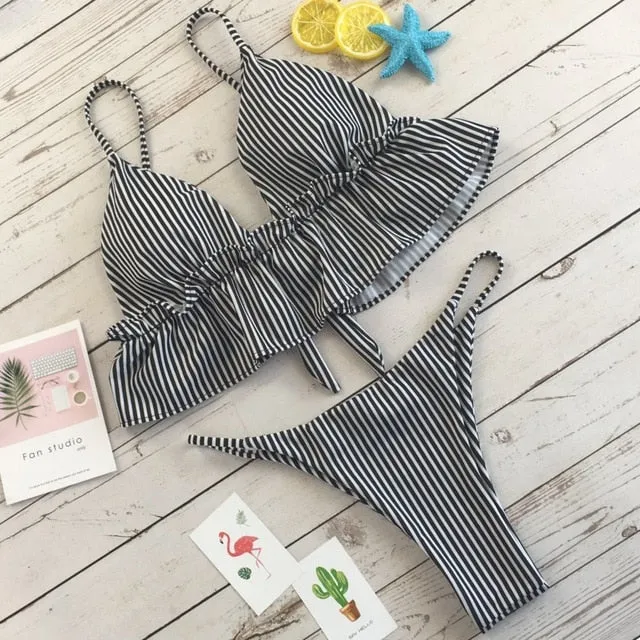 Two Pieces Ruffled Striped Swimsuit