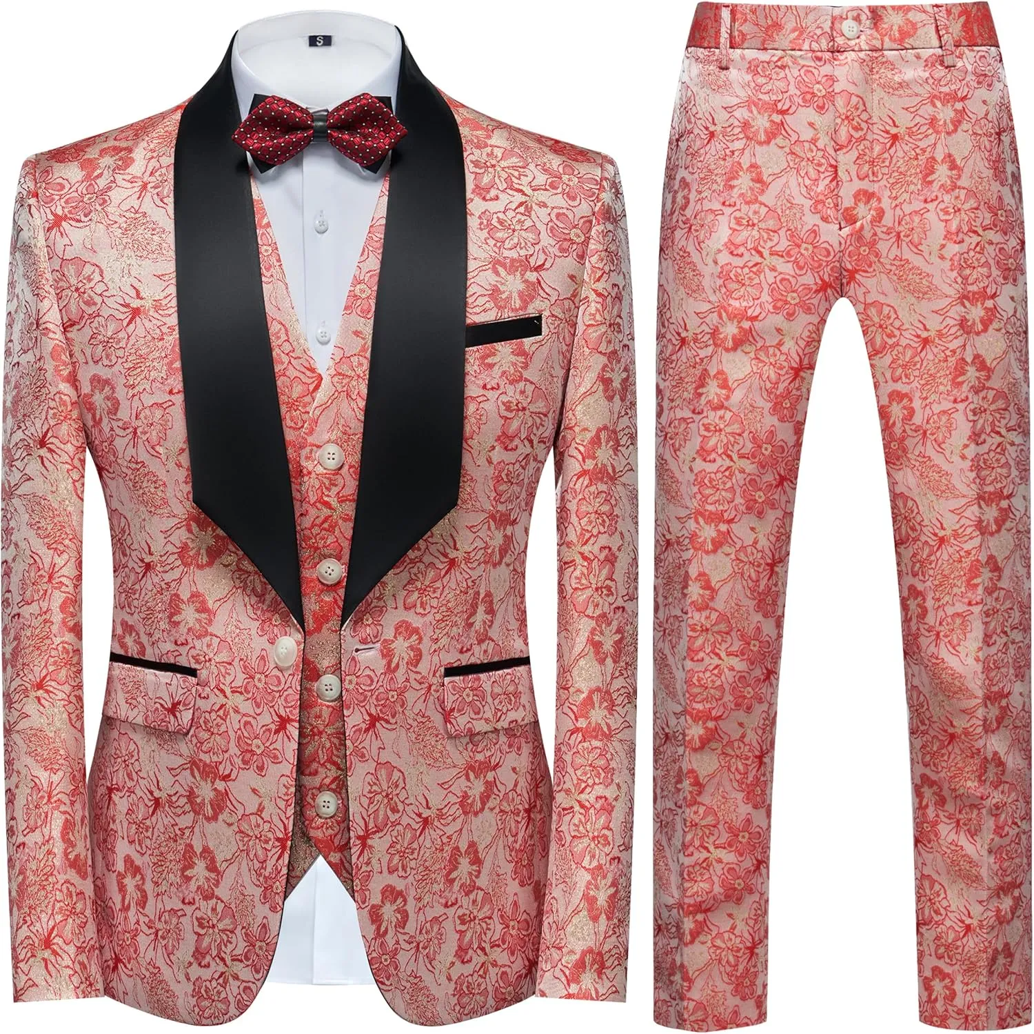 UNINUKOO Mens Slim Fit Suit 3 Piece 1 Button Paisley Prom Floral Wedding Tuxedo for Men