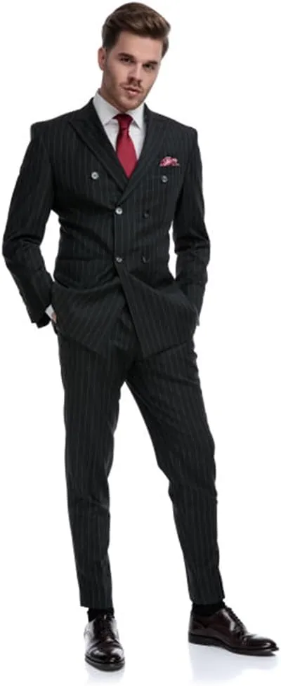 UNINUKOO Men's Suits 2 Piece Pinstripe Double Breasted Tuxedo Suit for Men Slim Fit Formal Dress Blazer Jacket Pants