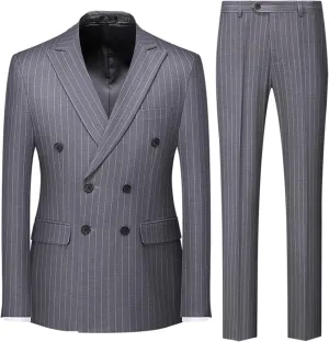UNINUKOO Men's Suits 2 Piece Pinstripe Double Breasted Tuxedo Suit for Men Slim Fit Formal Dress Blazer Jacket Pants