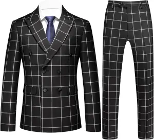 UNINUKOO Men's Suits 2 Piece Plaid Double Breasted Slim Fit Checkered Wedding Casual Homecoming Tuxedo Jacket Dress Pants Set