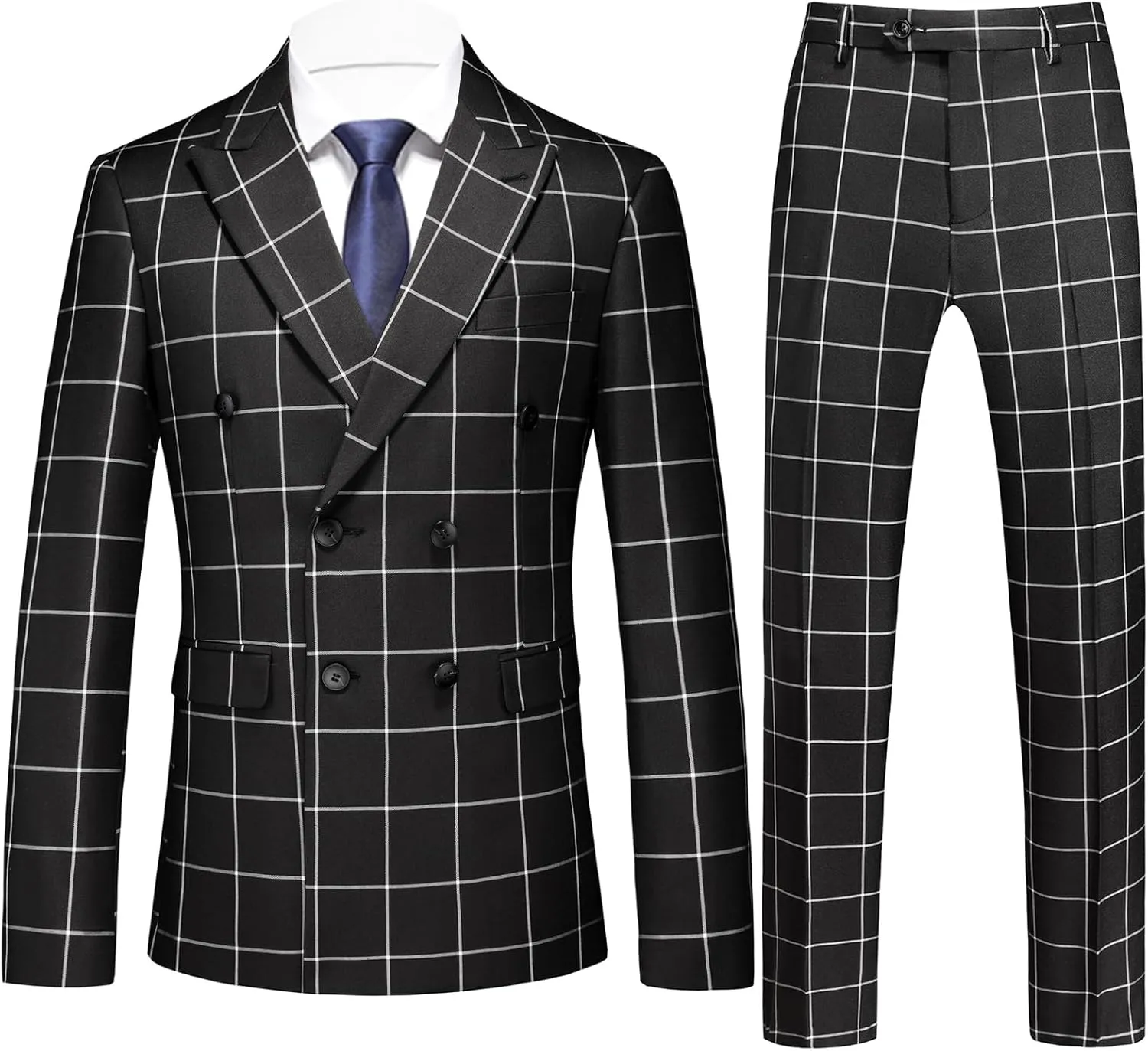 UNINUKOO Men's Suits 2 Piece Plaid Double Breasted Slim Fit Checkered Wedding Casual Homecoming Tuxedo Jacket Dress Pants Set