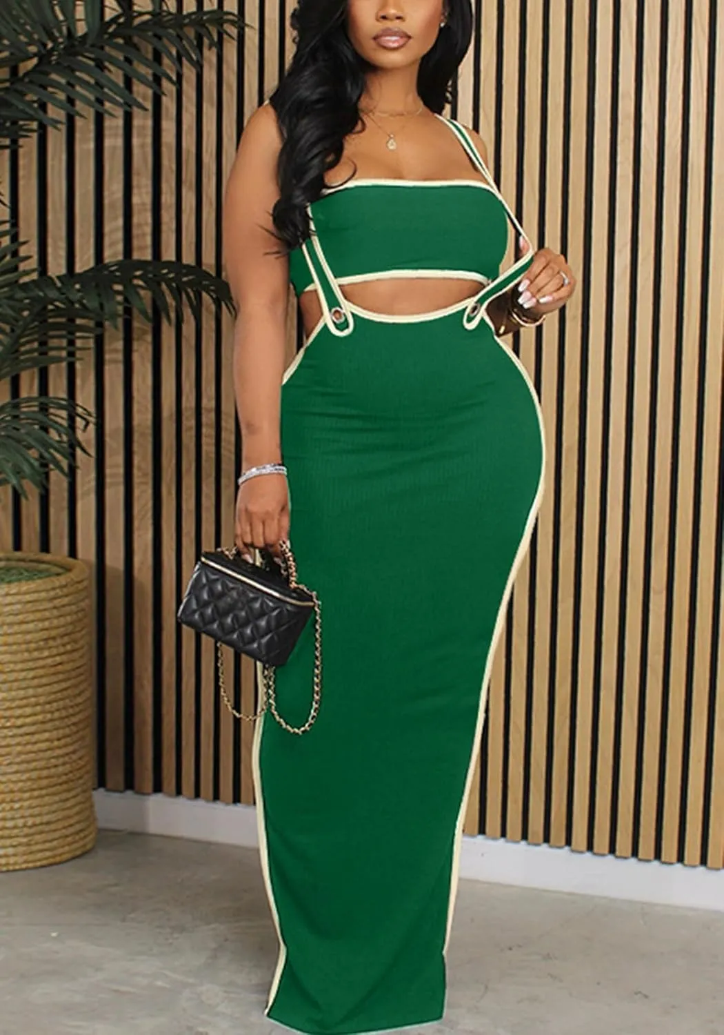 Vakkest Women's Sexy 2 Piece Outfits Colorblock Sleeveless Tube Top and Bodycon Long Straps Maxi Skirt Set Y2k Summer Dress