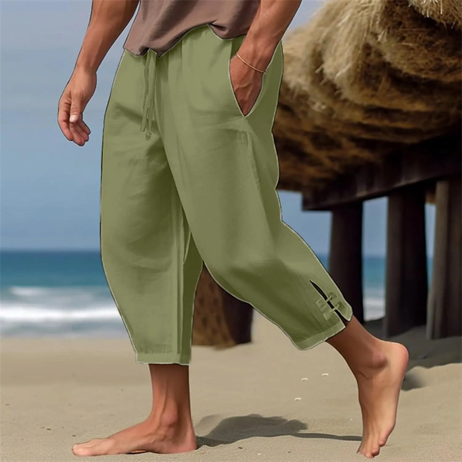 Vickyleb Men's Casual Linen Pants Elastic Drawstring Waist Loose Fit Straight Legs Summer Yoga Beach Long Pants for Men