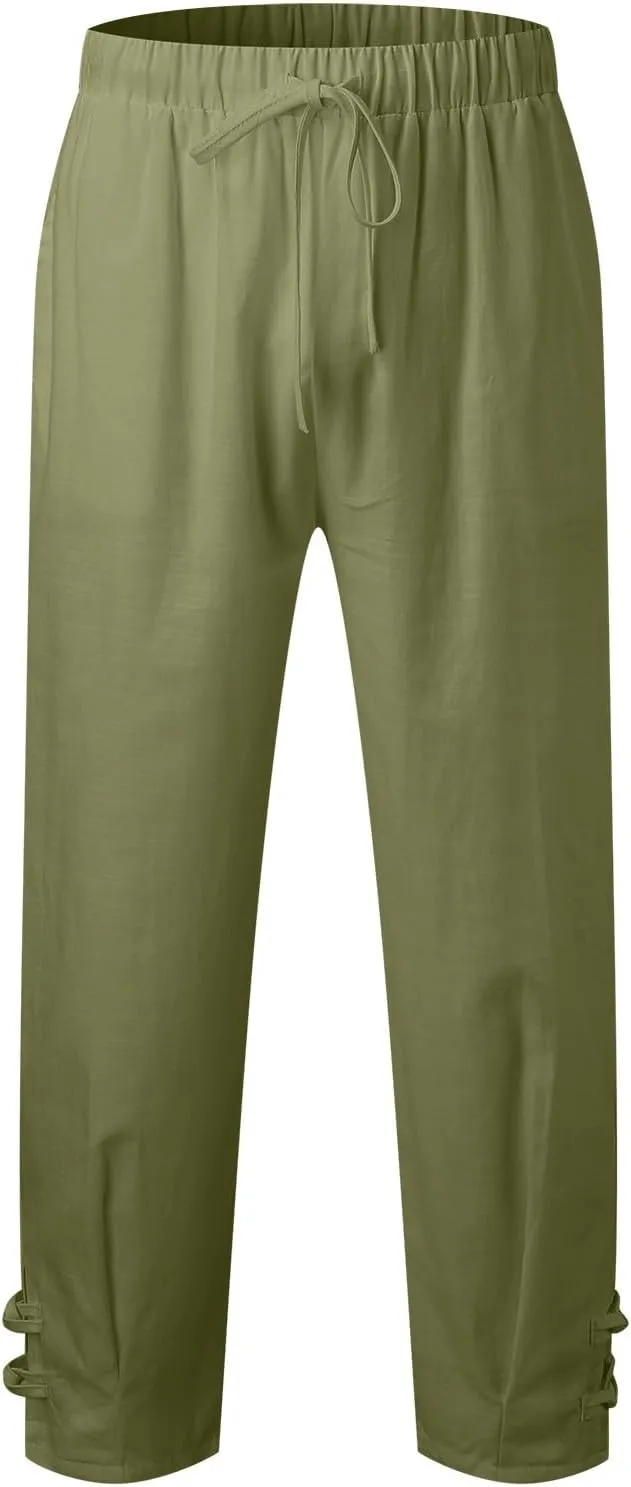 Vickyleb Men's Casual Linen Pants Elastic Drawstring Waist Loose Fit Straight Legs Summer Yoga Beach Long Pants for Men