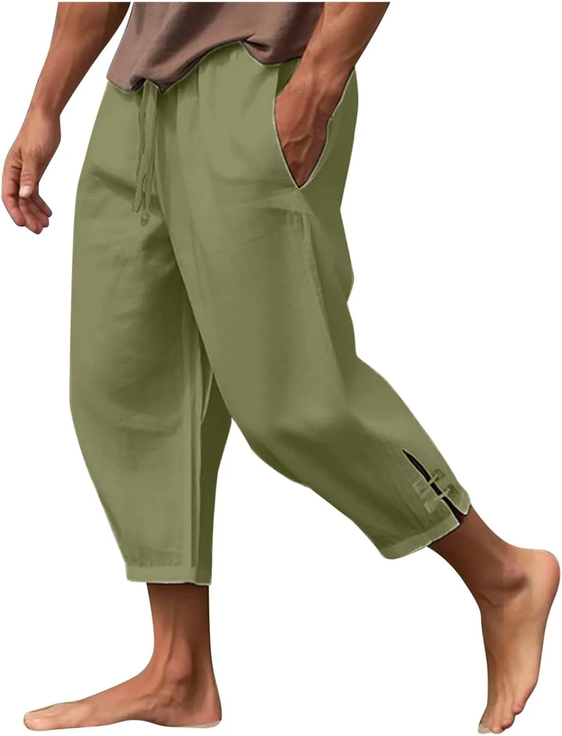 Vickyleb Men's Casual Linen Pants Elastic Drawstring Waist Loose Fit Straight Legs Summer Yoga Beach Long Pants for Men