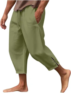 Vickyleb Men's Casual Linen Pants Elastic Drawstring Waist Loose Fit Straight Legs Summer Yoga Beach Long Pants for Men