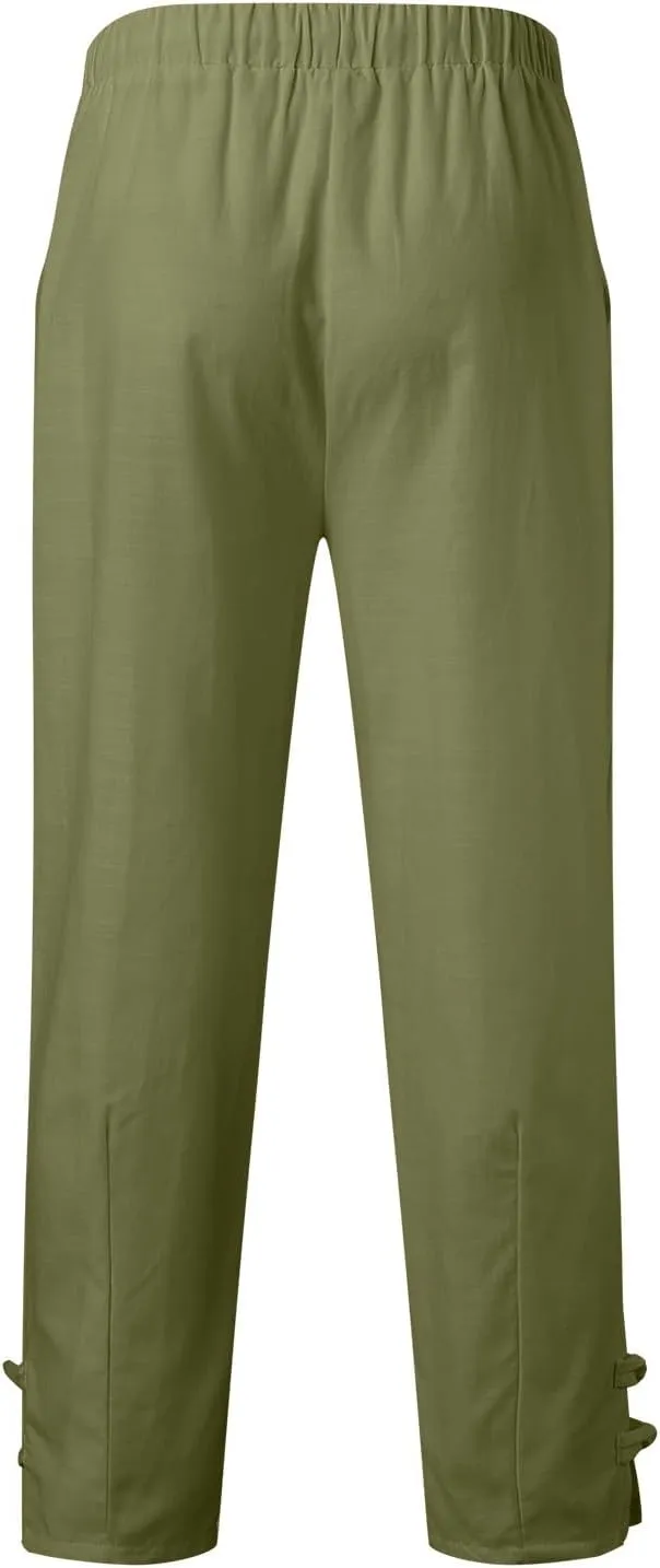 Vickyleb Men's Casual Linen Pants Elastic Drawstring Waist Loose Fit Straight Legs Summer Yoga Beach Long Pants for Men