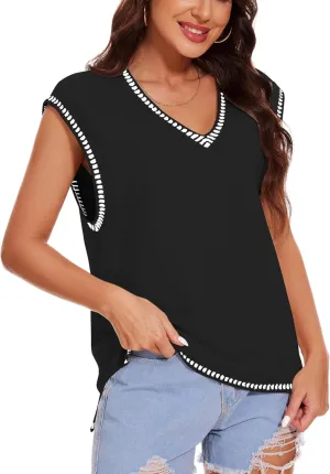 Wanzetaly 2024 Womens Casual V Neck Sweater Vest Sleeveless Knitted Tank Tops Pullover Vest