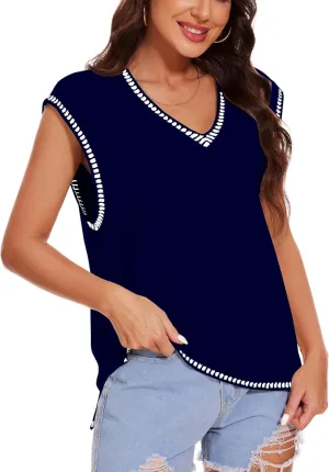Wanzetaly 2024 Womens Casual V Neck Sweater Vest Sleeveless Knitted Tank Tops Pullover Vest