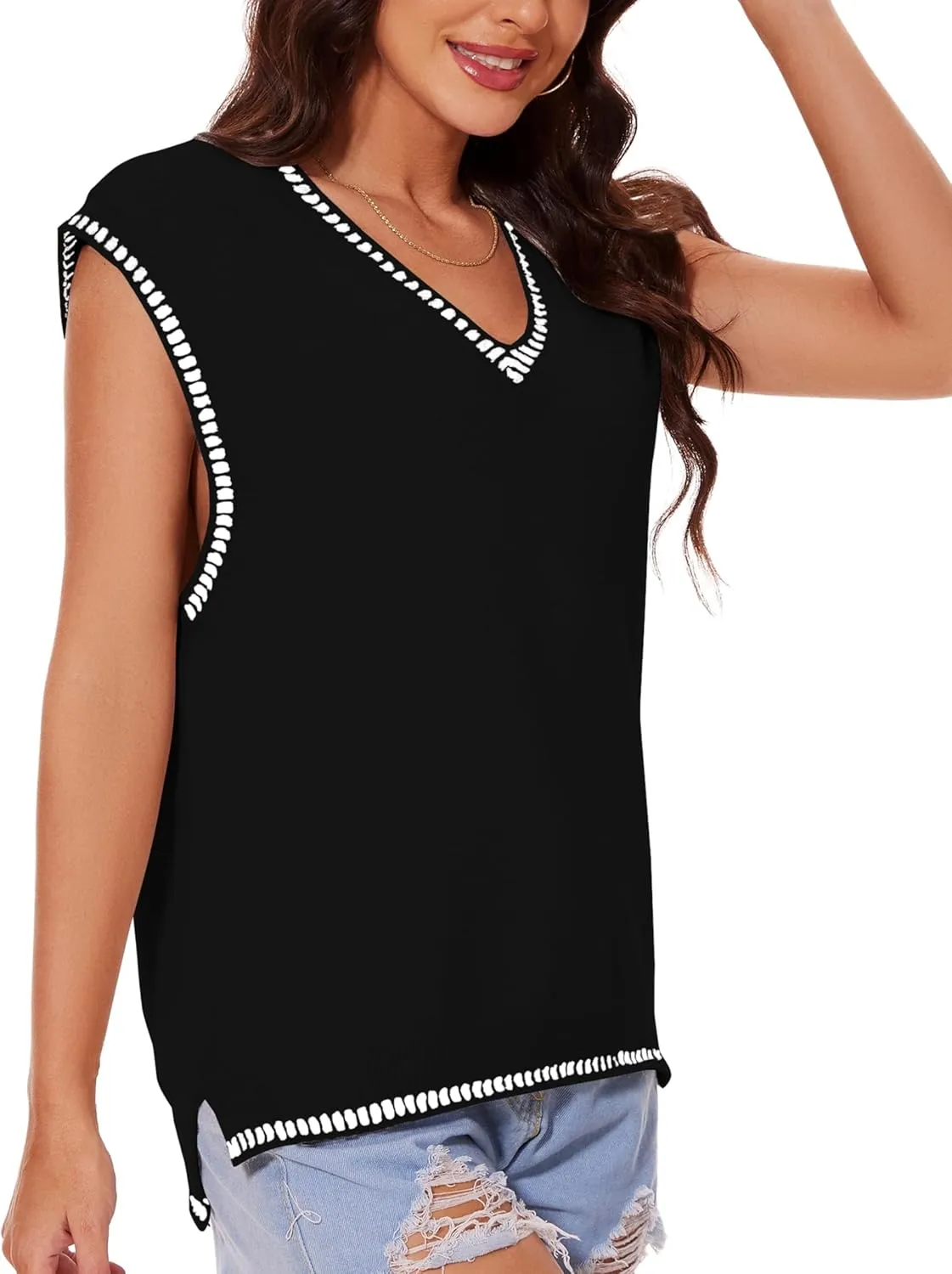 Wanzetaly 2024 Womens Casual V Neck Sweater Vest Sleeveless Knitted Tank Tops Pullover Vest