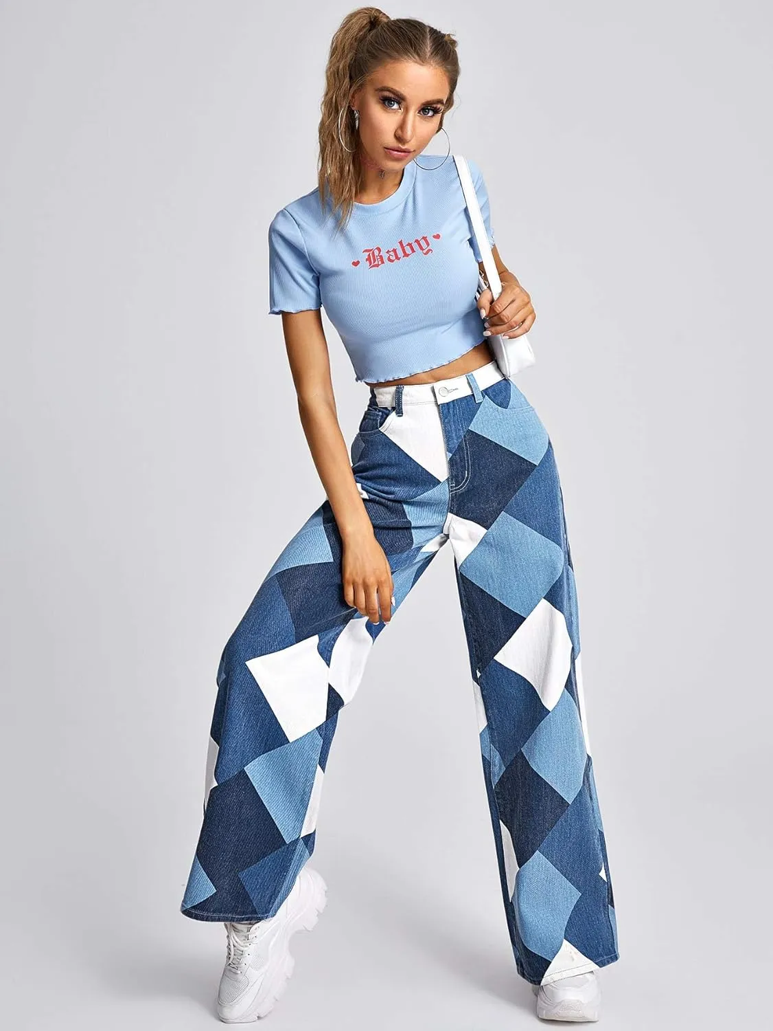 WDIRARA Women's Cow Print Ripped Jeans High Waisted Button Skinny Denim Pants