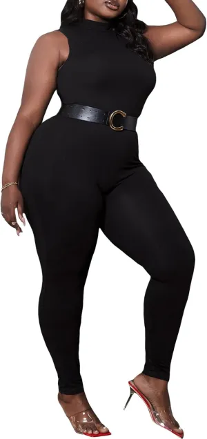 WDIRARA Women's Plus Size Mock Neck Sleeveless Club Skinny Jumpsuit Unitard Pants