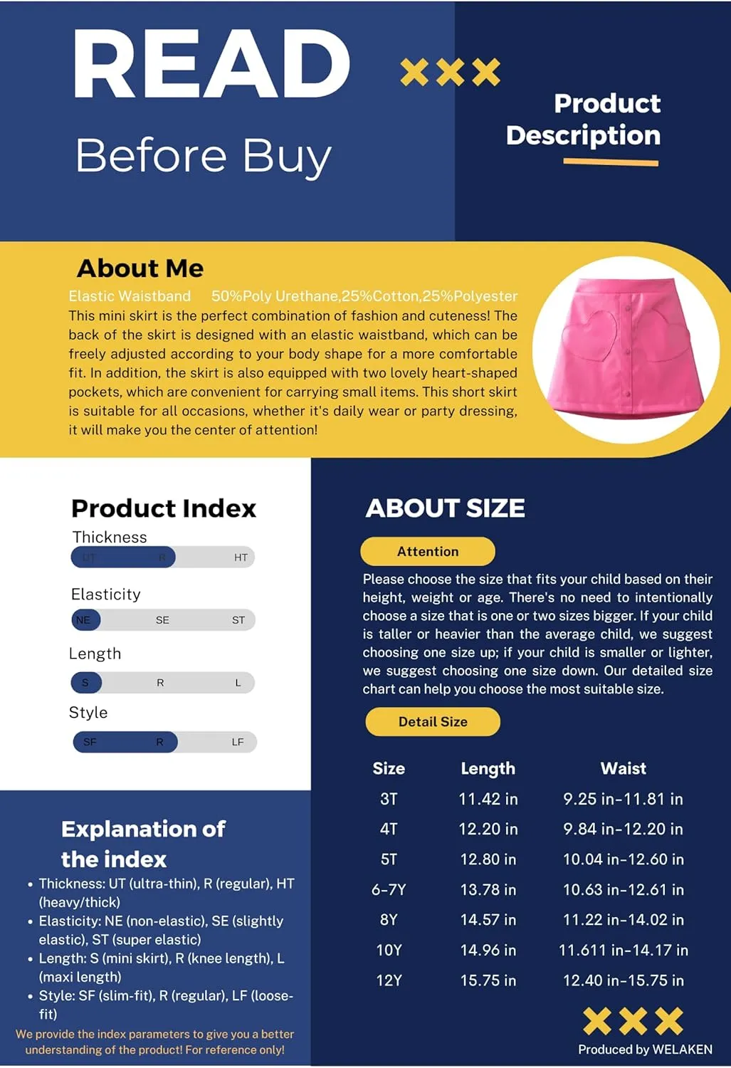 WELAKEN Faux Leather Skirt for Girls Toddler & Kids II Girl's A Line Skirt with Two Front Pockets