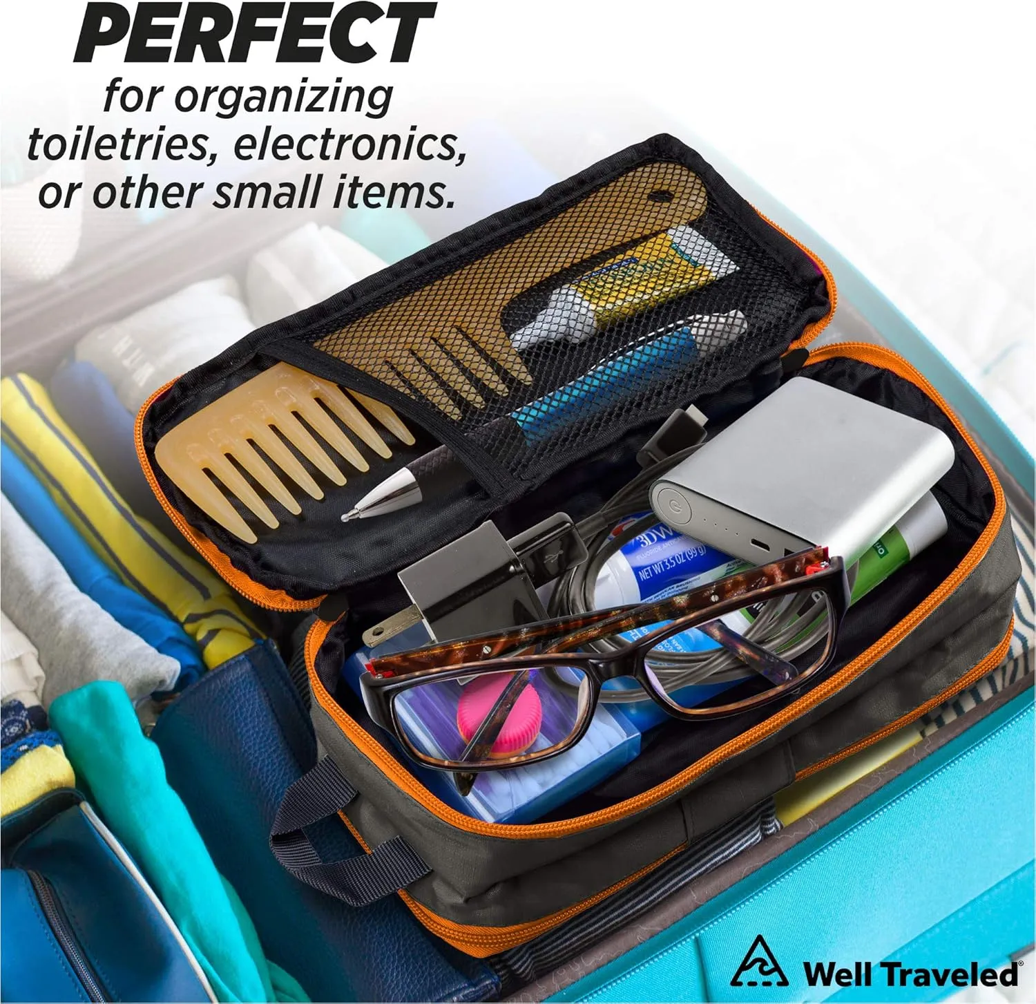 Well Traveled Toiletry Bag for Makeup, Shaving Kit, Cosmetics, Electronics Case for Men, Women (Fire)