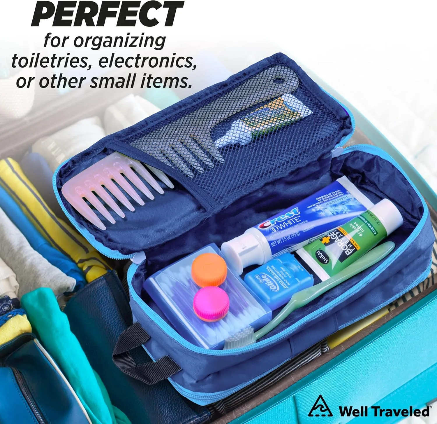 Well Traveled Toiletry Bag for Makeup, Shaving Kit, Cosmetics, Electronics Case for Men, Women (Glacier)