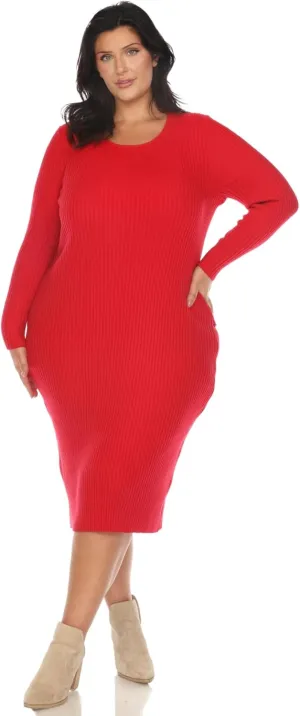 white mark Women's Plus Size Long Sleeve Rib Midi Sweater Dress