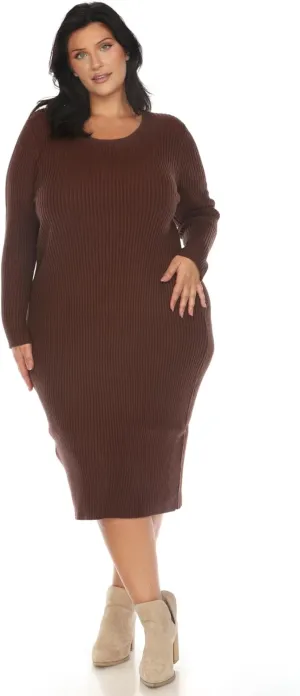 white mark Women's Plus Size Long Sleeve Rib Midi Sweater Dress