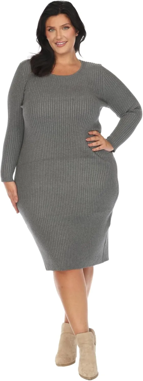 white mark Women's Plus Size Long Sleeve Rib Midi Sweater Dress
