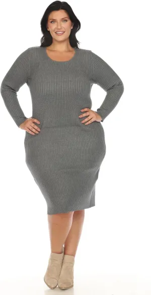 white mark Women's Plus Size Long Sleeve Rib Midi Sweater Dress