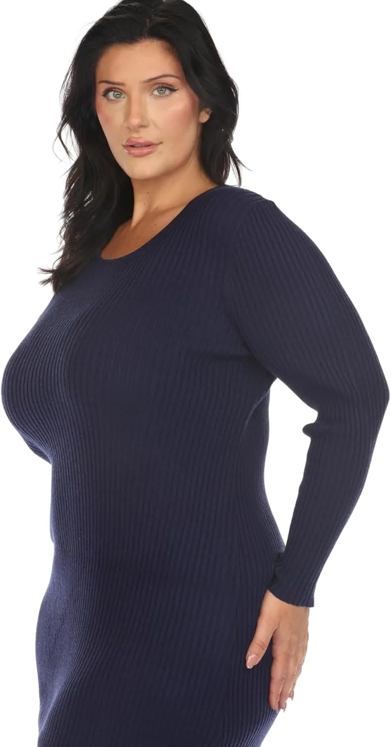 white mark Women's Plus Size Long Sleeve Rib Midi Sweater Dress