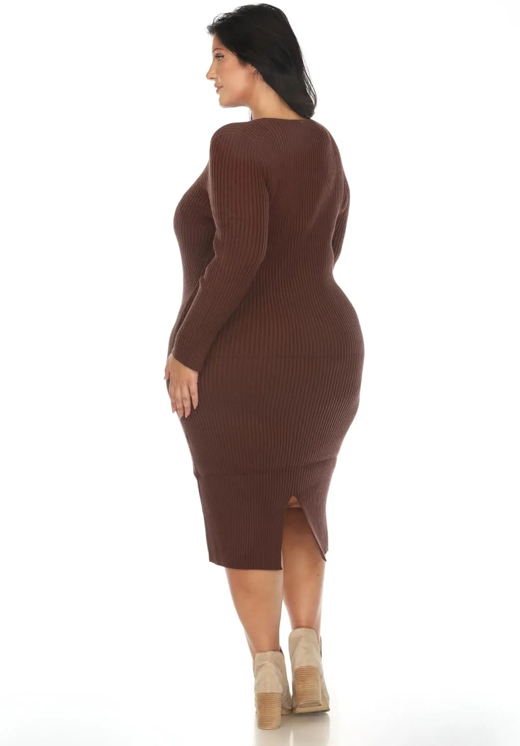 white mark Women's Plus Size Long Sleeve Rib Midi Sweater Dress