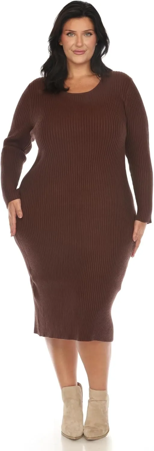 white mark Women's Plus Size Long Sleeve Rib Midi Sweater Dress