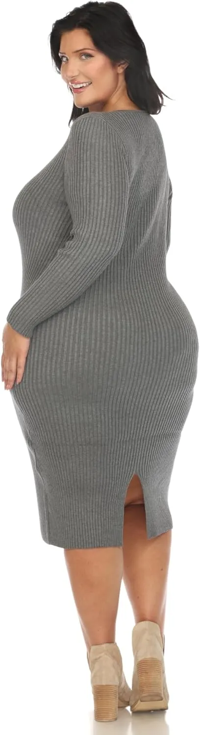 white mark Women's Plus Size Long Sleeve Rib Midi Sweater Dress
