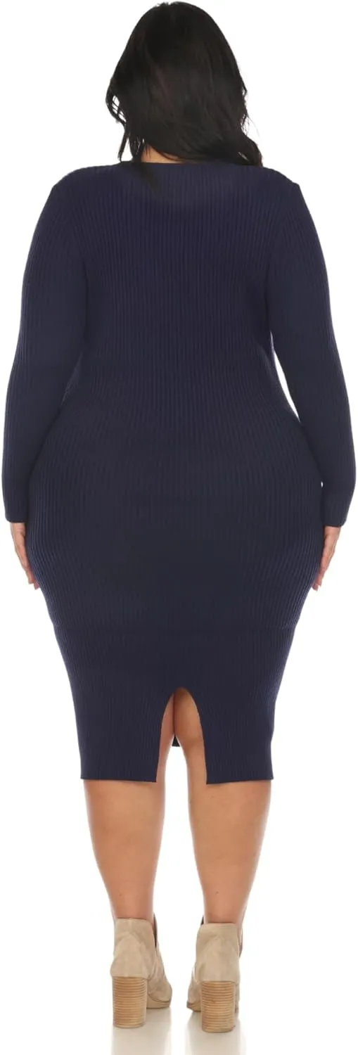 white mark Women's Plus Size Long Sleeve Rib Midi Sweater Dress