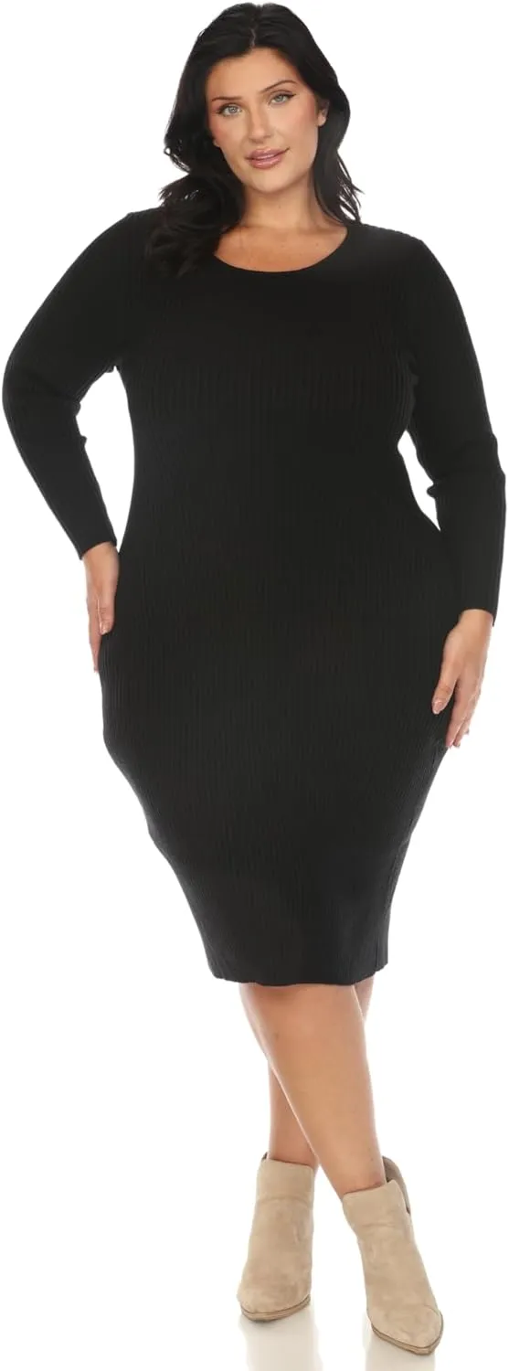 white mark Women's Plus Size Long Sleeve Rib Midi Sweater Dress