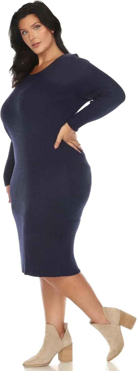 white mark Women's Plus Size Long Sleeve Rib Midi Sweater Dress
