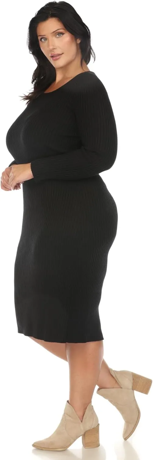 white mark Women's Plus Size Long Sleeve Rib Midi Sweater Dress