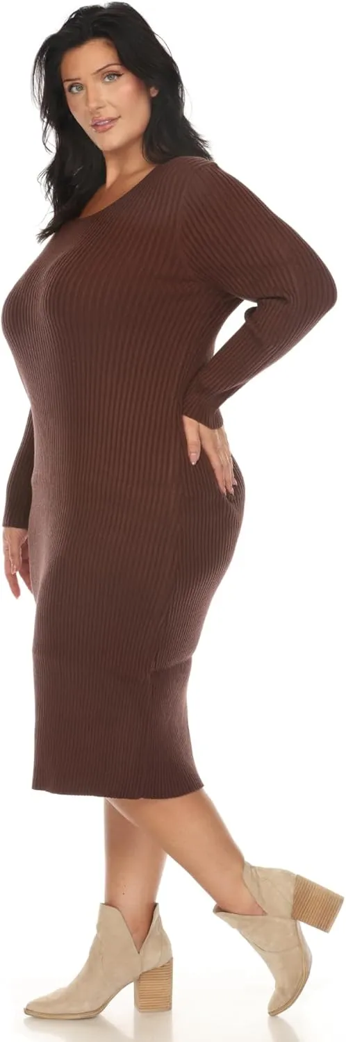 white mark Women's Plus Size Long Sleeve Rib Midi Sweater Dress