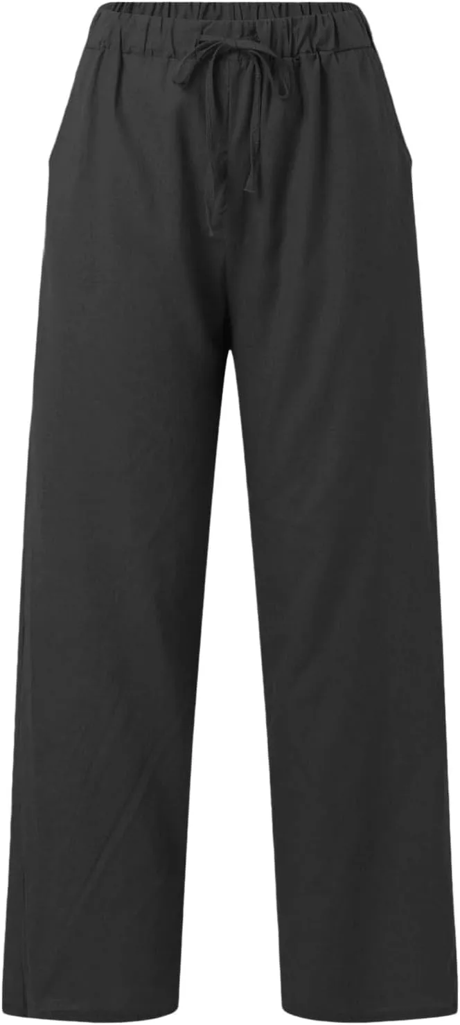 Wide Leg Cotton Linen Pants Women Casual Summer Elastic Waist Beach Pants Loose Fit Flowy Lounge Trousers with Pockets