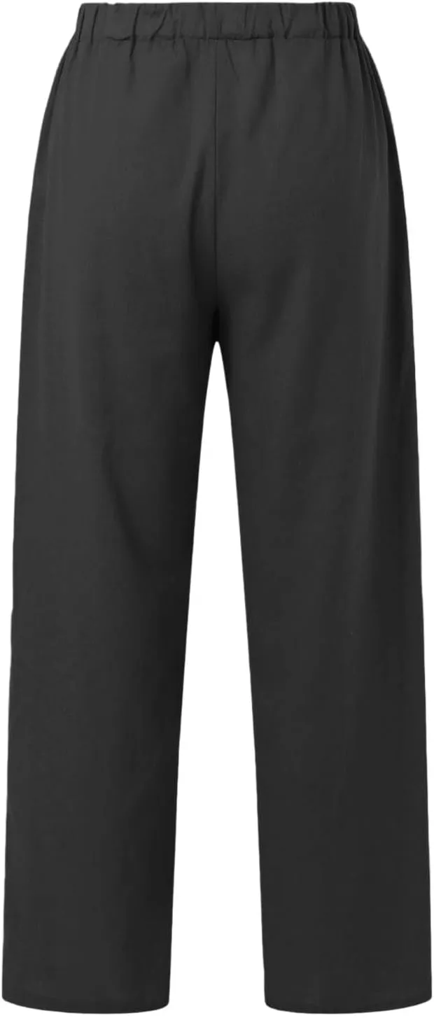Wide Leg Cotton Linen Pants Women Casual Summer Elastic Waist Beach Pants Loose Fit Flowy Lounge Trousers with Pockets