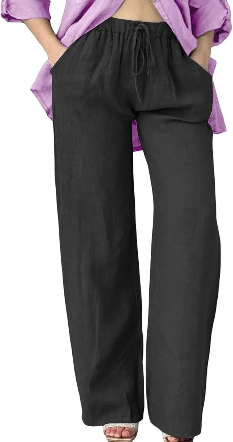 Wide Leg Cotton Linen Pants Women Casual Summer Elastic Waist Beach Pants Loose Fit Flowy Lounge Trousers with Pockets