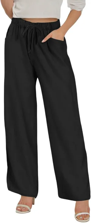 Wide Leg Cotton Linen Pants Women Casual Summer Elastic Waist Beach Pants Loose Fit Flowy Lounge Trousers with Pockets