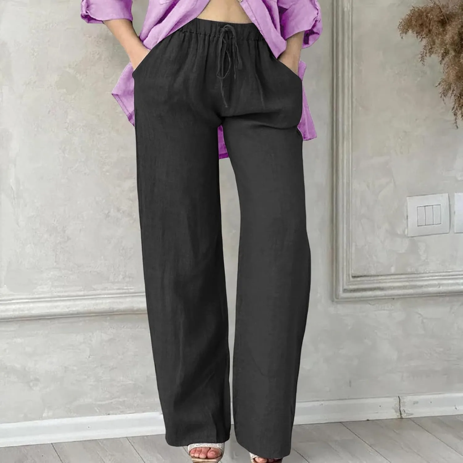 Wide Leg Cotton Linen Pants Women Casual Summer Elastic Waist Beach Pants Loose Fit Flowy Lounge Trousers with Pockets