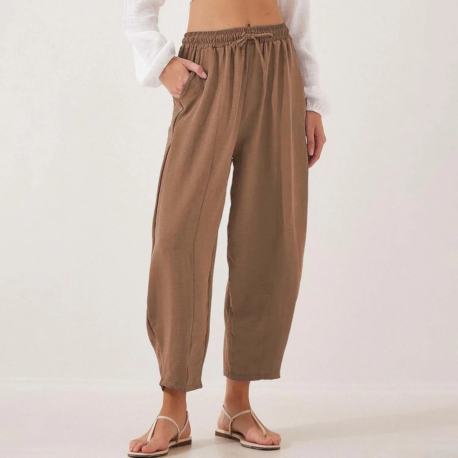 Wide Leg Harem Pants for Women Cotton Linen Casual High Waisted Trousers with Pockets Loose Fit Beach Palazzo Pants
