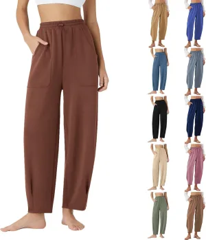 Wide Leg Harem Pants for Women Cotton Linen Casual High Waisted Trousers with Pockets Loose Fit Beach Palazzo Pants
