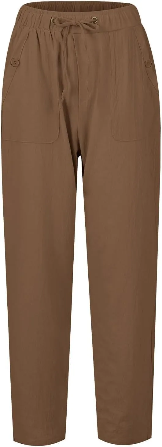 Wide Leg Linen Pants for Women Summer Casual Palazzo Flowy Boho Beach Pants Drawstring High Waist Palazzo Trousers