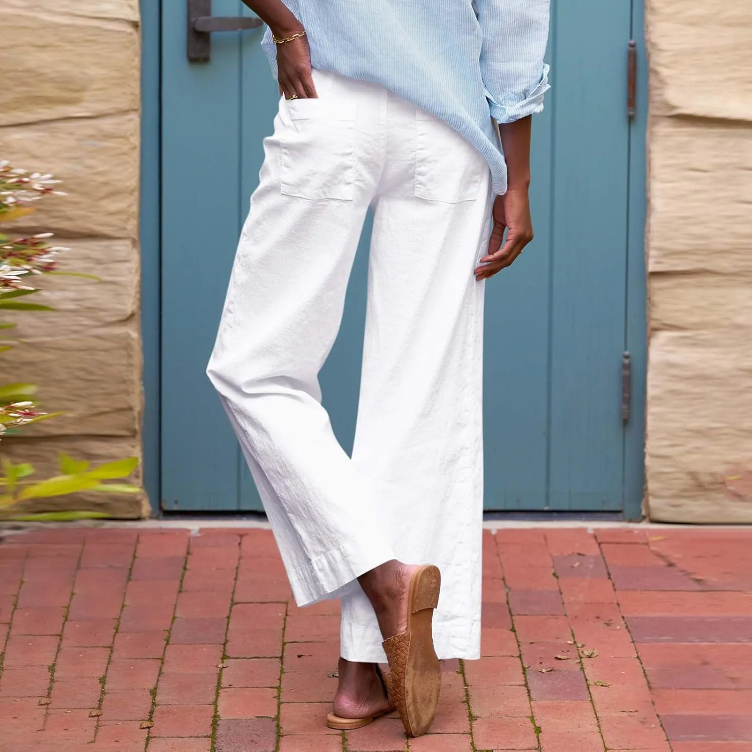 Wide Leg Linen Pants Women Cropped Elastic High Waisted Dress Pants Business Casual Comfy Work Pants with Pockets
