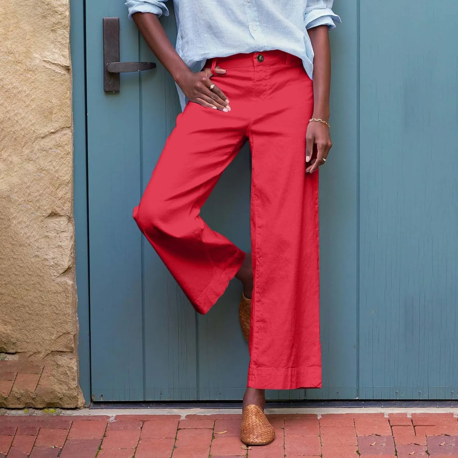 Wide Leg Linen Pants Women Cropped Elastic High Waisted Dress Pants Business Casual Comfy Work Pants with Pockets