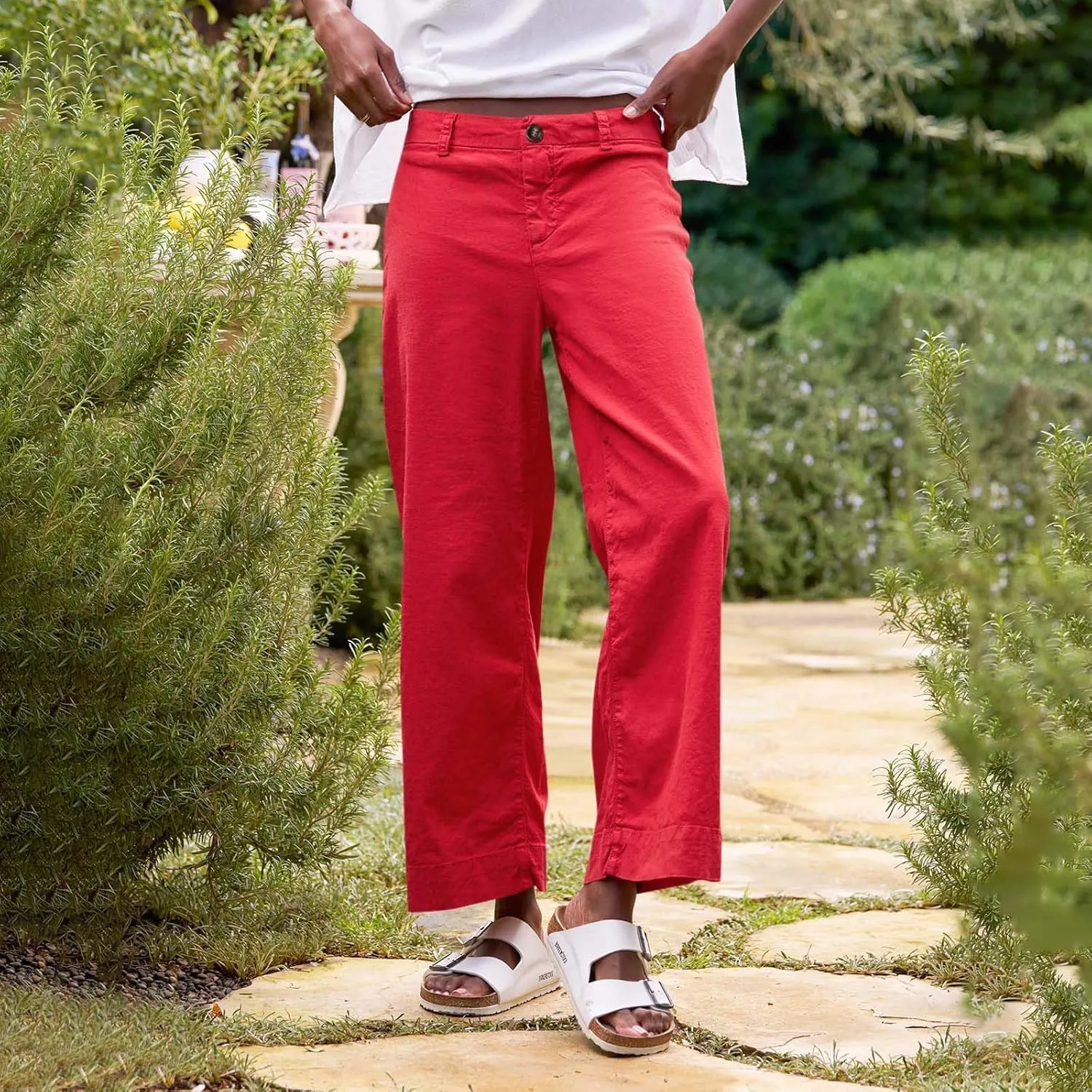 Wide Leg Linen Pants Women Cropped Elastic High Waisted Dress Pants Business Casual Comfy Work Pants with Pockets