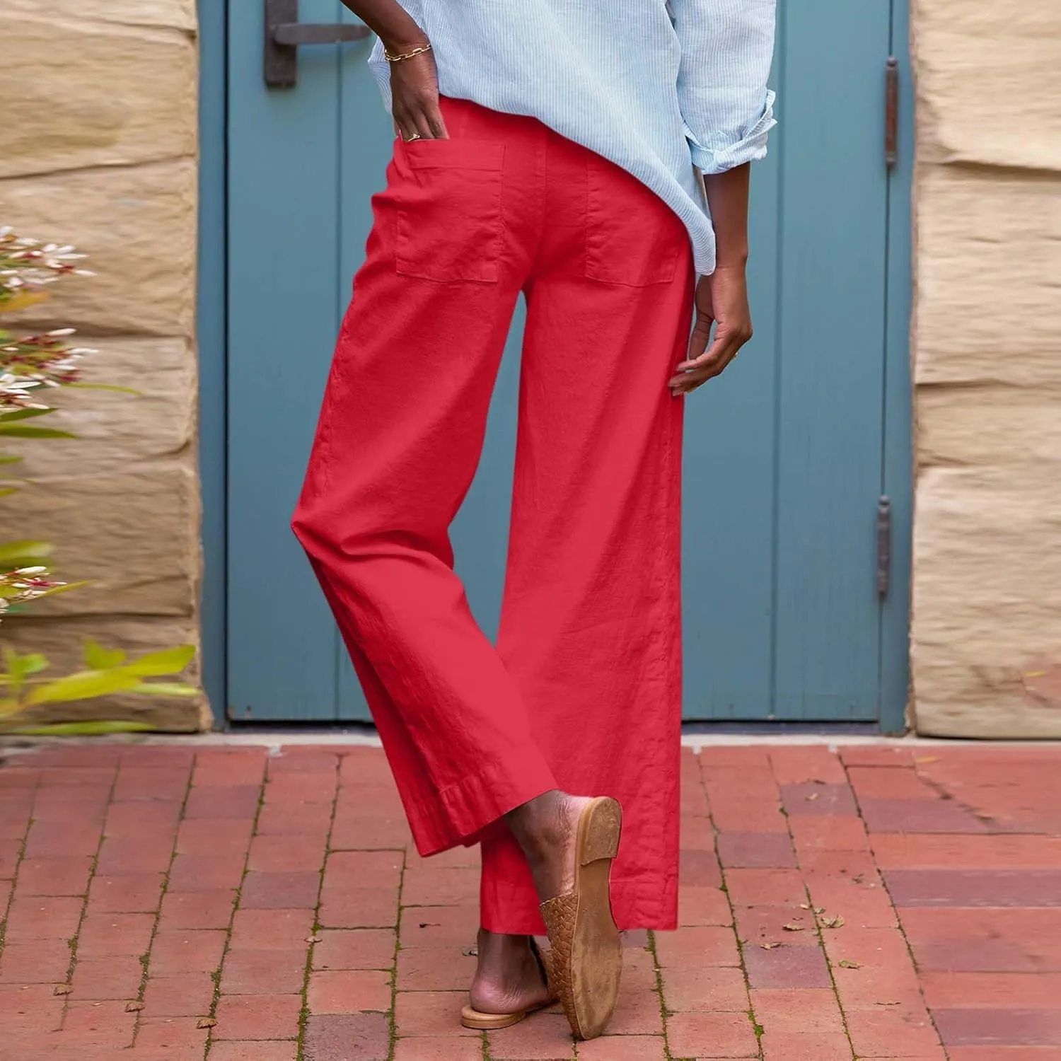Wide Leg Linen Pants Women Cropped Elastic High Waisted Dress Pants Business Casual Comfy Work Pants with Pockets