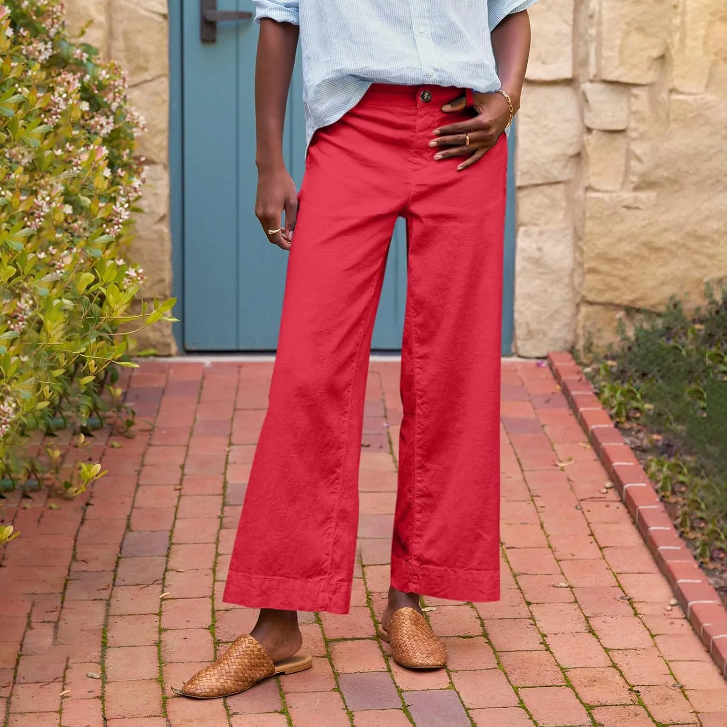 Wide Leg Linen Pants Women Cropped Elastic High Waisted Dress Pants Business Casual Comfy Work Pants with Pockets