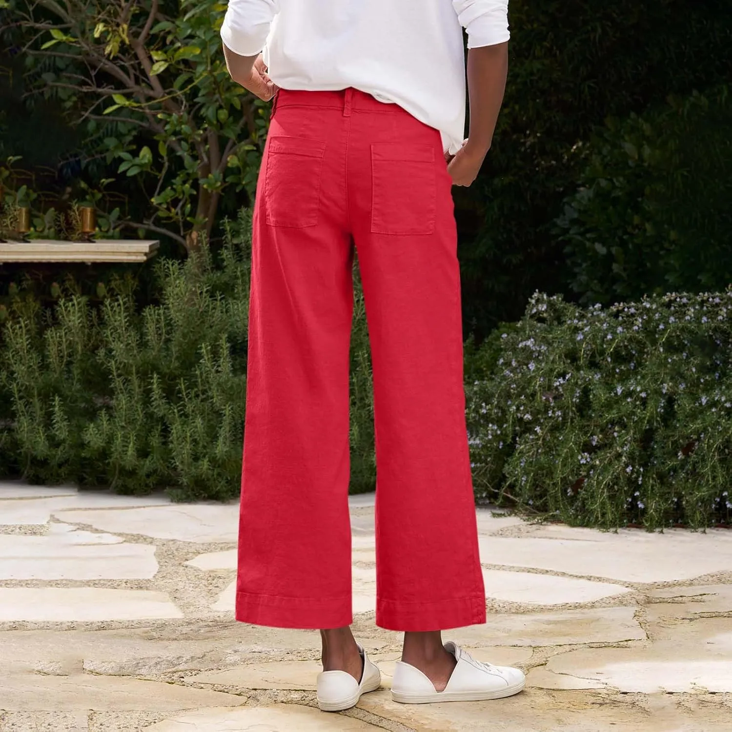 Wide Leg Linen Pants Women Cropped Elastic High Waisted Dress Pants Business Casual Comfy Work Pants with Pockets