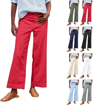 Wide Leg Linen Pants Women Cropped Elastic High Waisted Dress Pants Business Casual Comfy Work Pants with Pockets